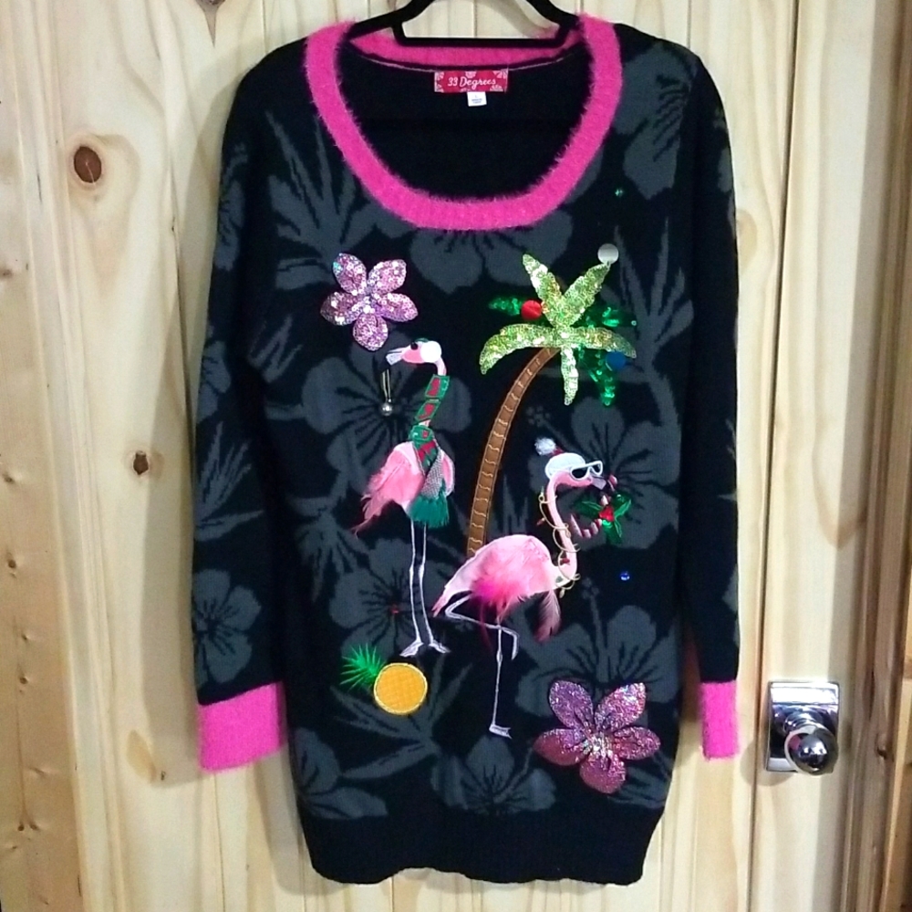 Ugly Christmas  sweater mini dress, flamingo, palm tree